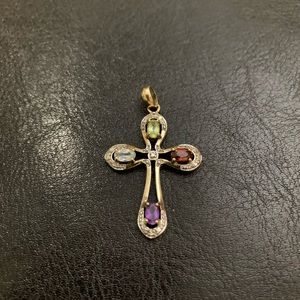Sterling Vermeil Two-Tone Cross Pendant SemiPrecious 925 Garnet Amethyst Peridot